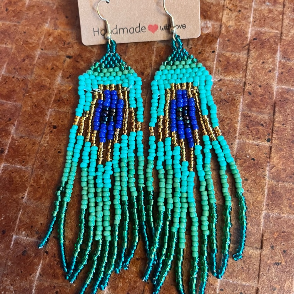 Handmade Teal & Blue Peacock Feather Beaded Fringe Earrings